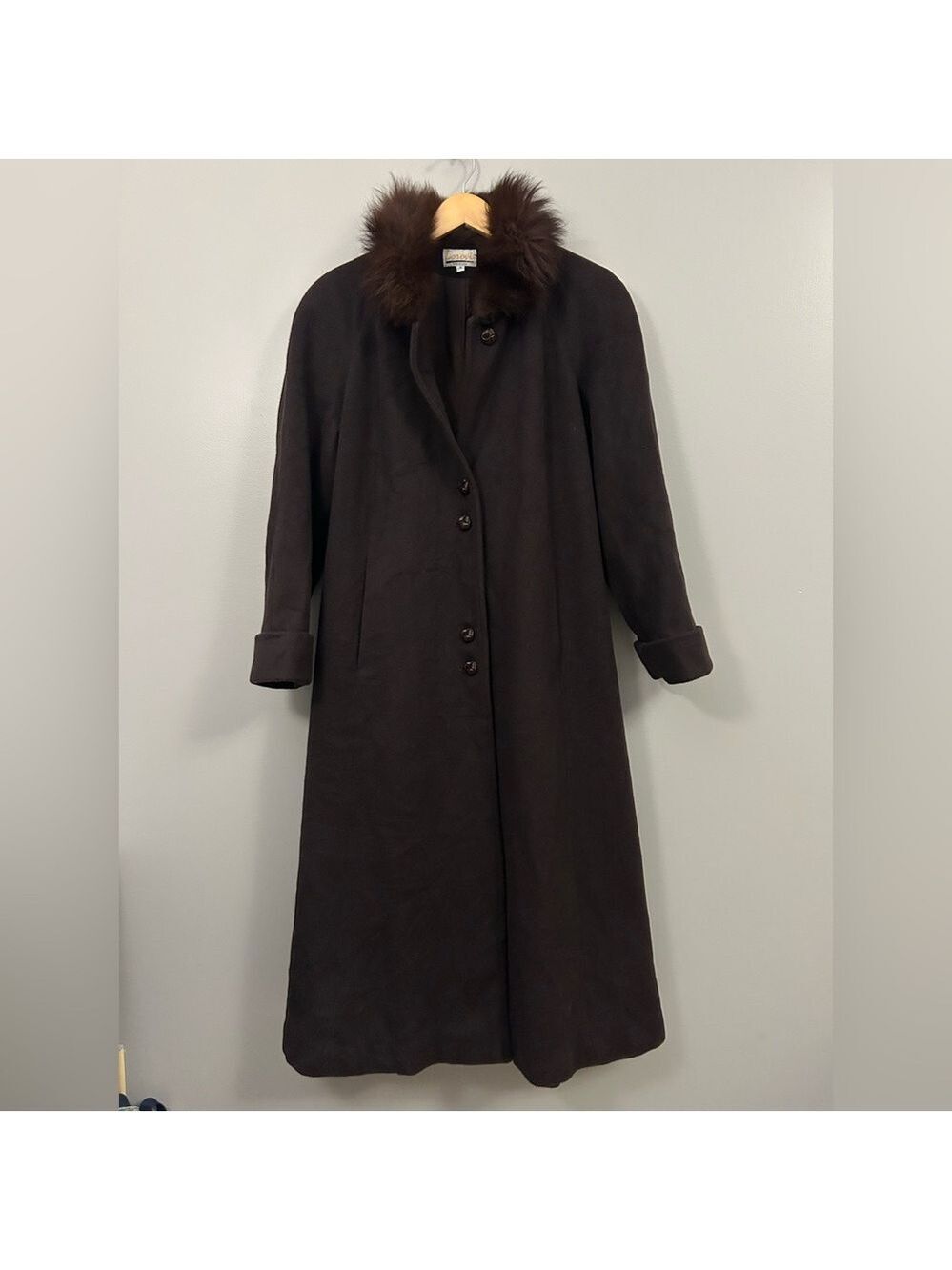 Lorovi Vintage Dark Brown Wool Trench Coat with Blue Fox Fur Collar Size 4 - Picture 5 of 11